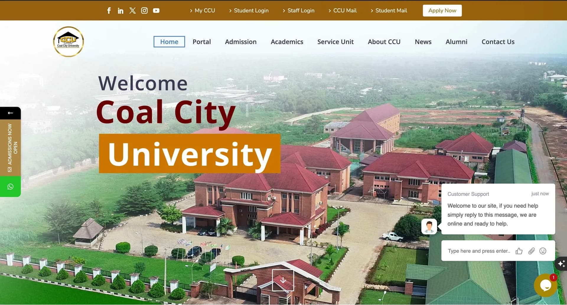 The Coal City University portal home page, showing the course and library navigation.