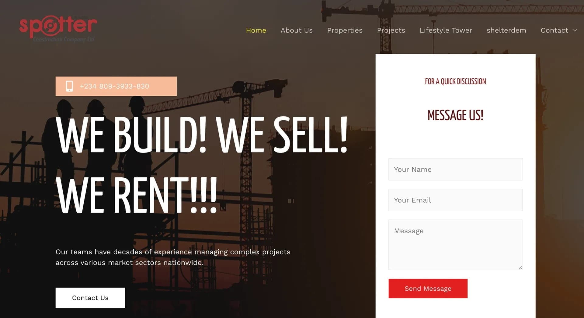 The Spotter Construction website home page, showing the new identity and services list.